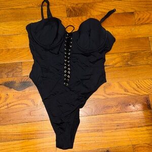 Fleur du Mal Black One-Piece Swimsuit with Gold Eyelet Lace-Up